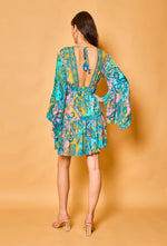 Light Blue Paisley Print Batwing Sleeve Silk Dress