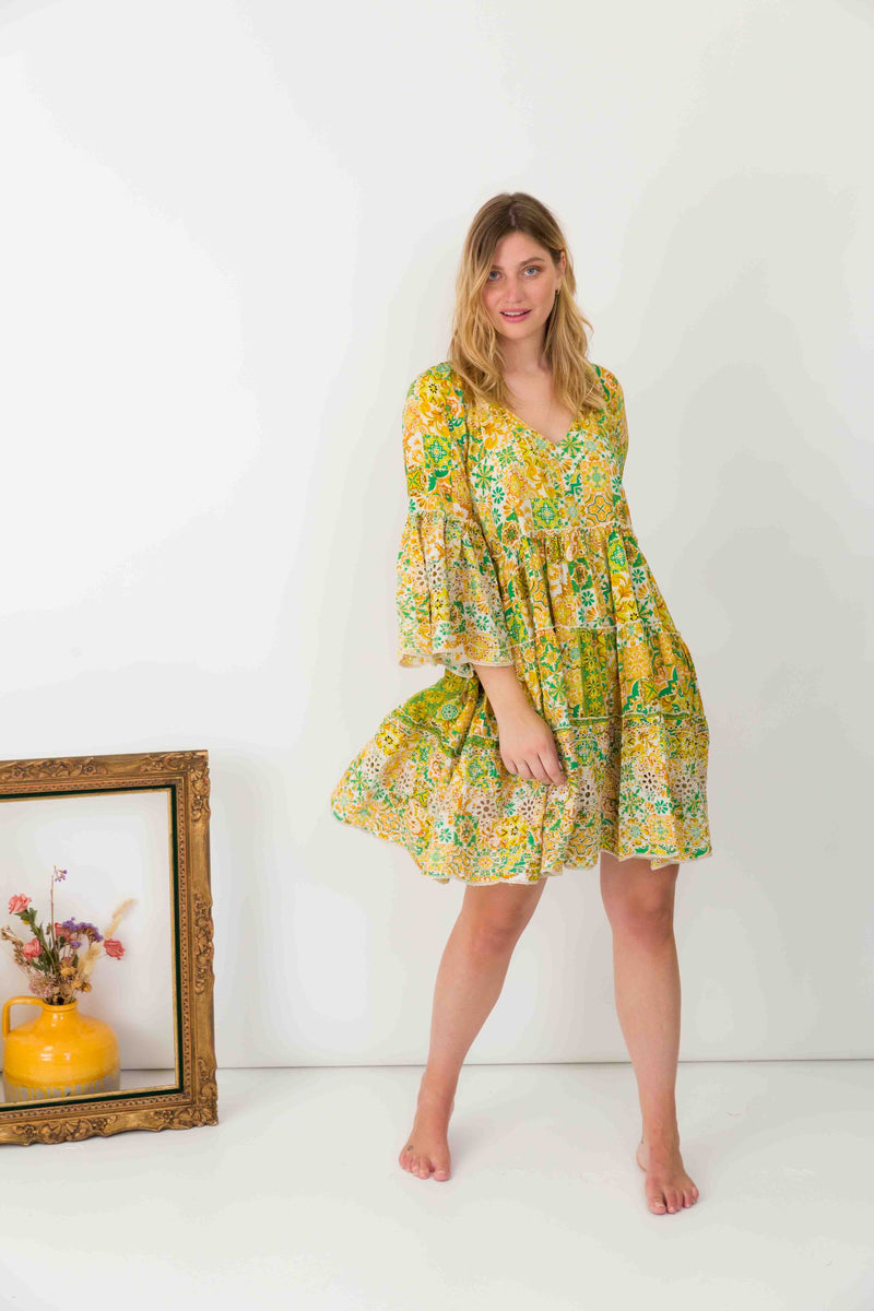 Lime Green Floral Print Silk Dress With Wide Sleeves