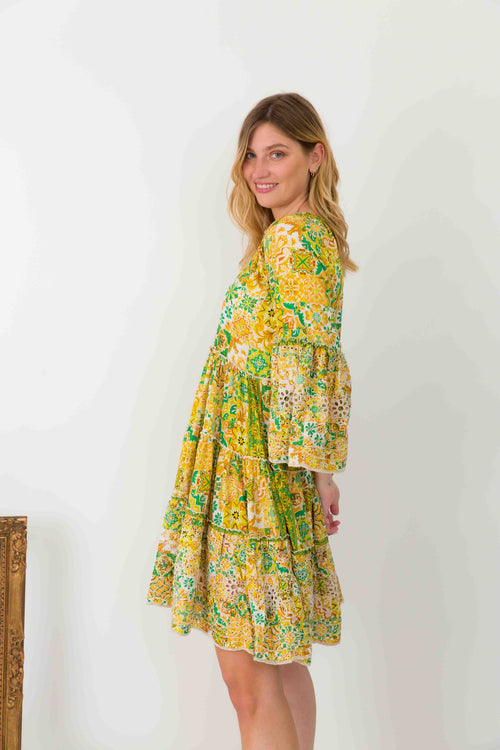 Lime Green Floral Print Silk Dress With Wide Sleeves