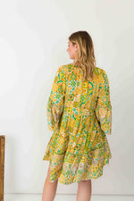 Lime Green Floral Print Silk Dress With Wide Sleeves