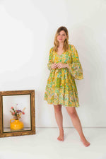 Lime Green Floral Print Silk Dress With Wide Sleeves