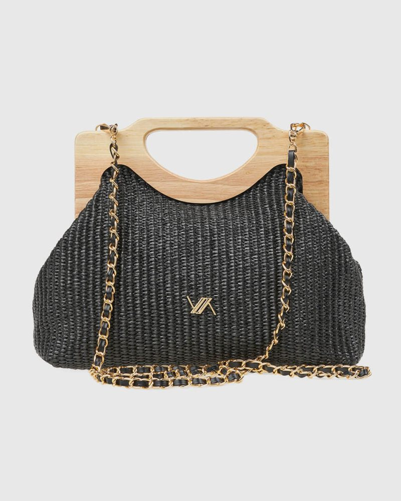 Black Straw Handbag With Wooden Handle
