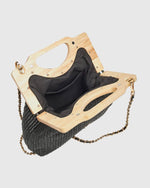Black Straw Handbag With Wooden Handle