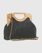 Black Straw Handbag With Wooden Handle