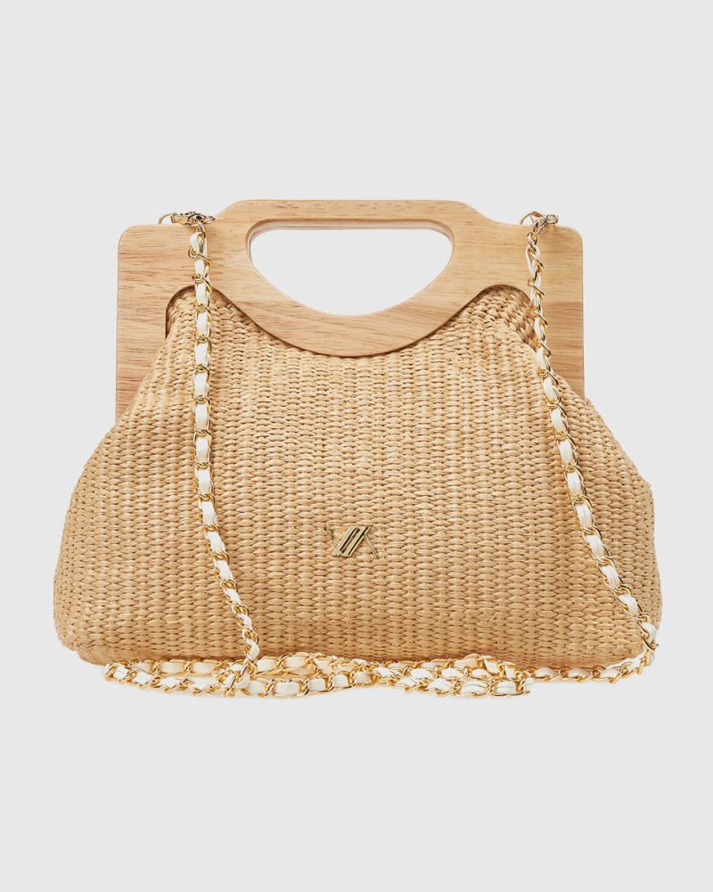 Beige Straw Evening Handbag – Wooden Handle & Removable Strap