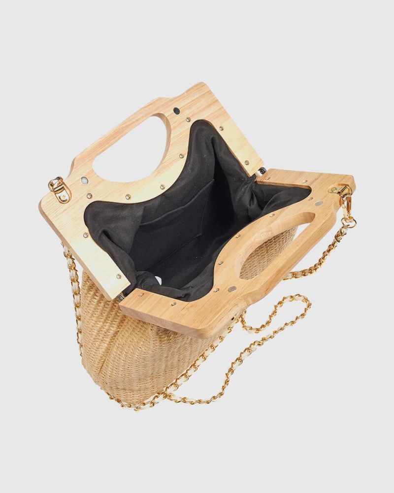 Beige Straw Evening Handbag – Wooden Handle & Removable Strap