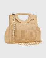 Beige Straw Evening Handbag – Wooden Handle & Removable Strap