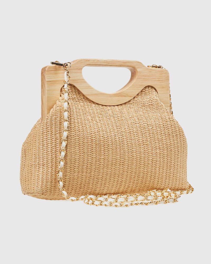 Beige Straw Evening Handbag – Wooden Handle & Removable Strap