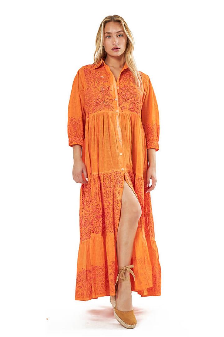 Maxi Orange Cotton Shirt Dress