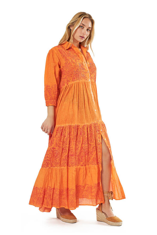 Maxi Orange Cotton Shirt Dress
