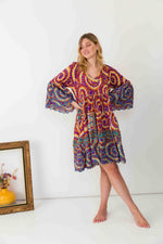 Multi Abstract  Print Silk Dress With Wide Sleeves