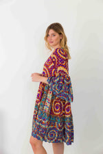 Multi Abstract  Print Silk Dress With Wide Sleeves