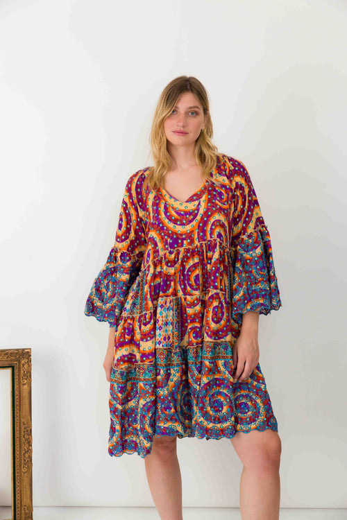 Multi Abstract  Print Silk Dress With Wide Sleeves
