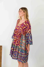 Multi Abstract  Print Silk Dress With Wide Sleeves