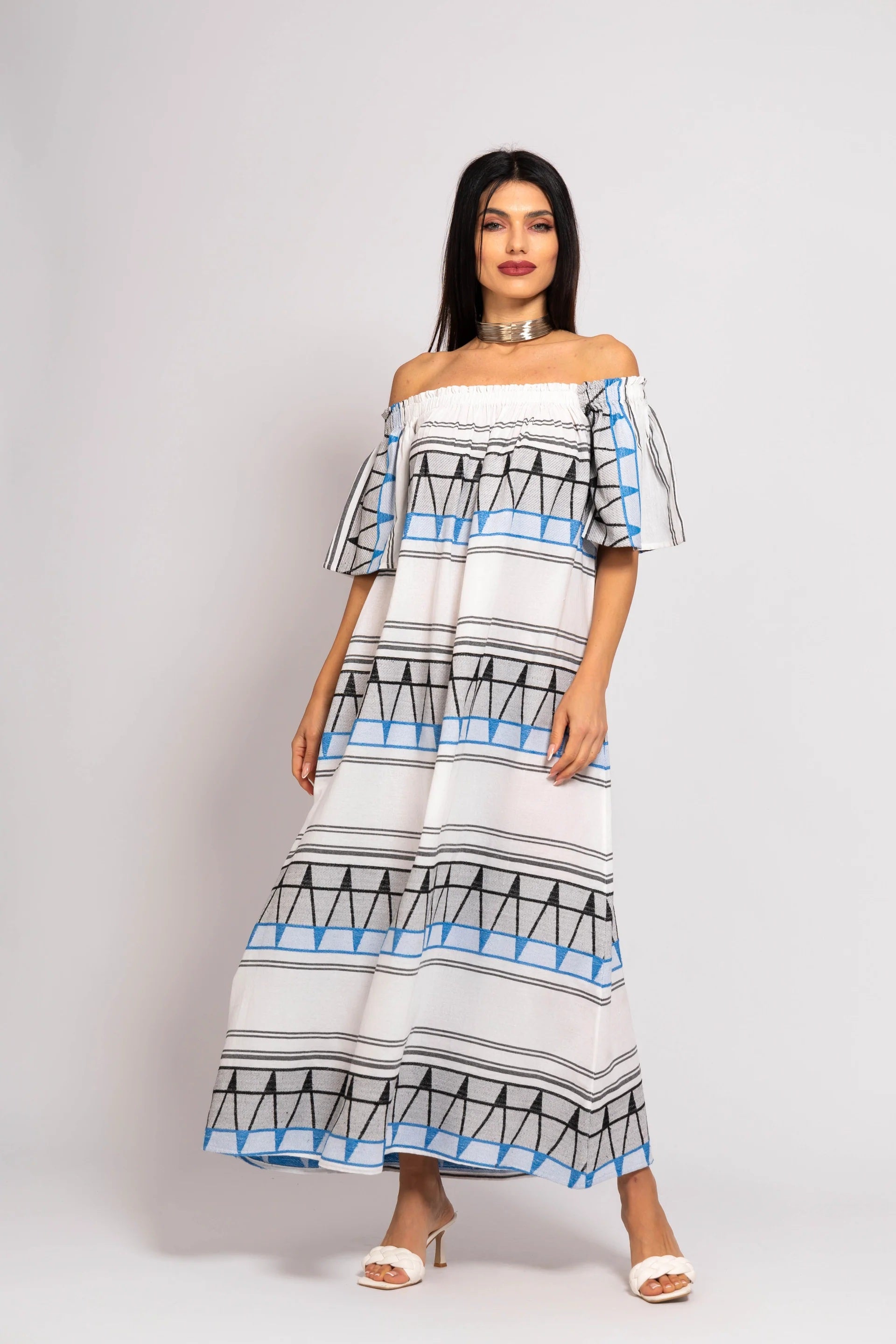 off shoulder geometric print dress Wholesale Elegant Geometric Swing Dress with Off Shoulder Neckline & Short Sleeves, Casual Style in Polyester Fabric
