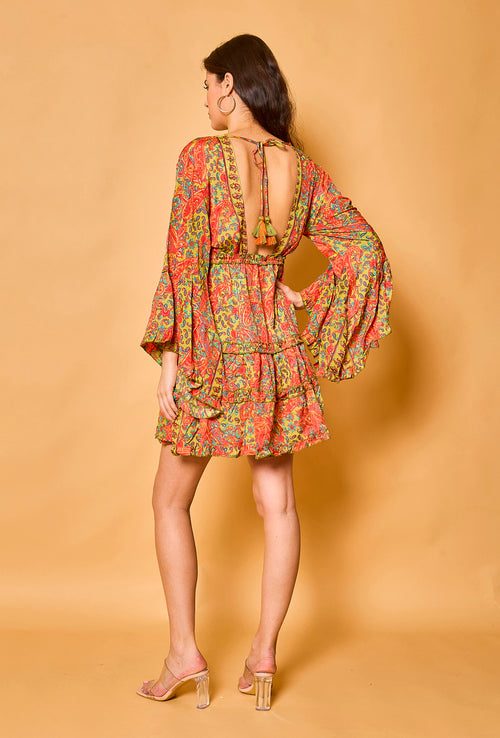 Orange Paisley Print Batwing Sleeve Silk Dress