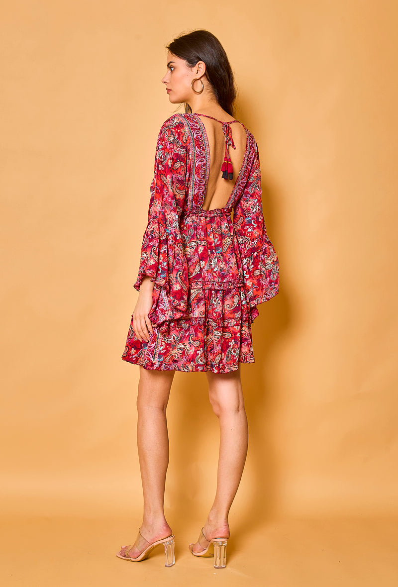 Red Paisley Print Batwing Sleeve Silk Dress