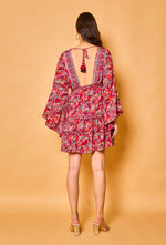 Red Paisley Print Batwing Sleeve Silk Dress