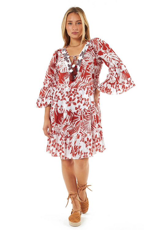 Rusty Red Floral Print Cotton Dress