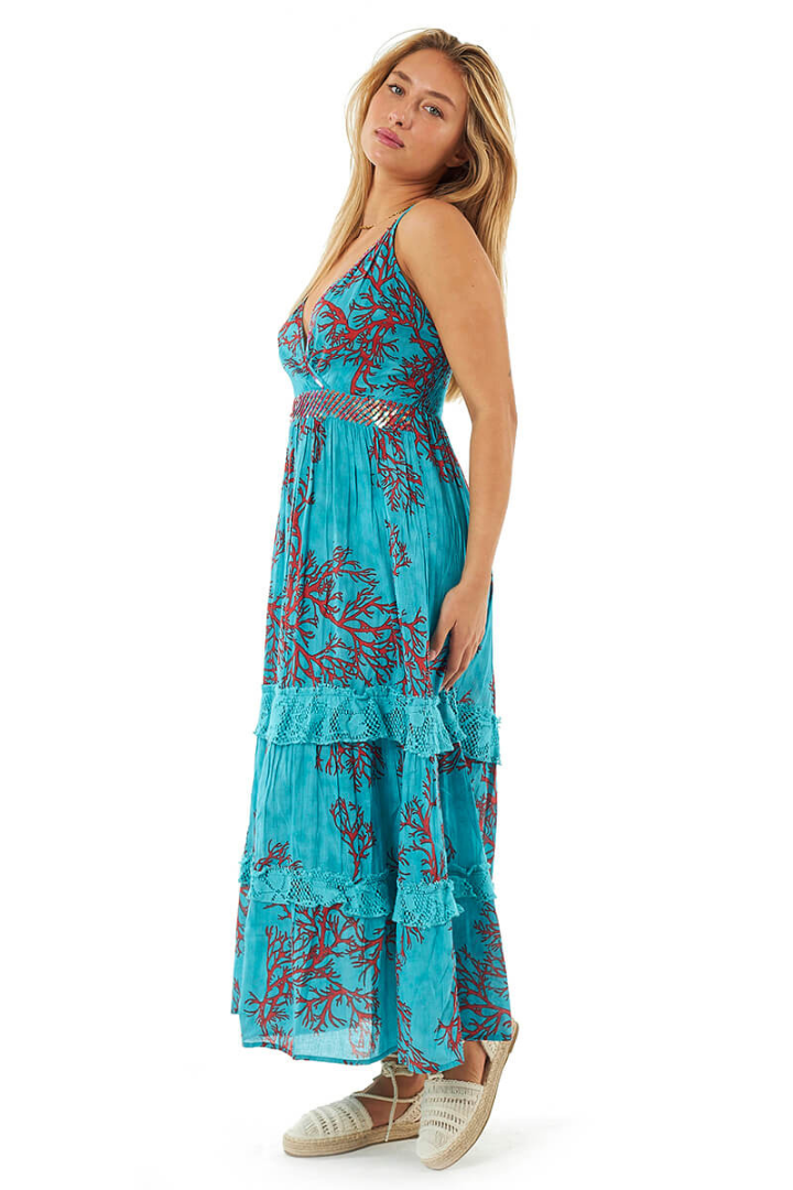 Turquoise Maxi Cotton Dress With A Coral Print