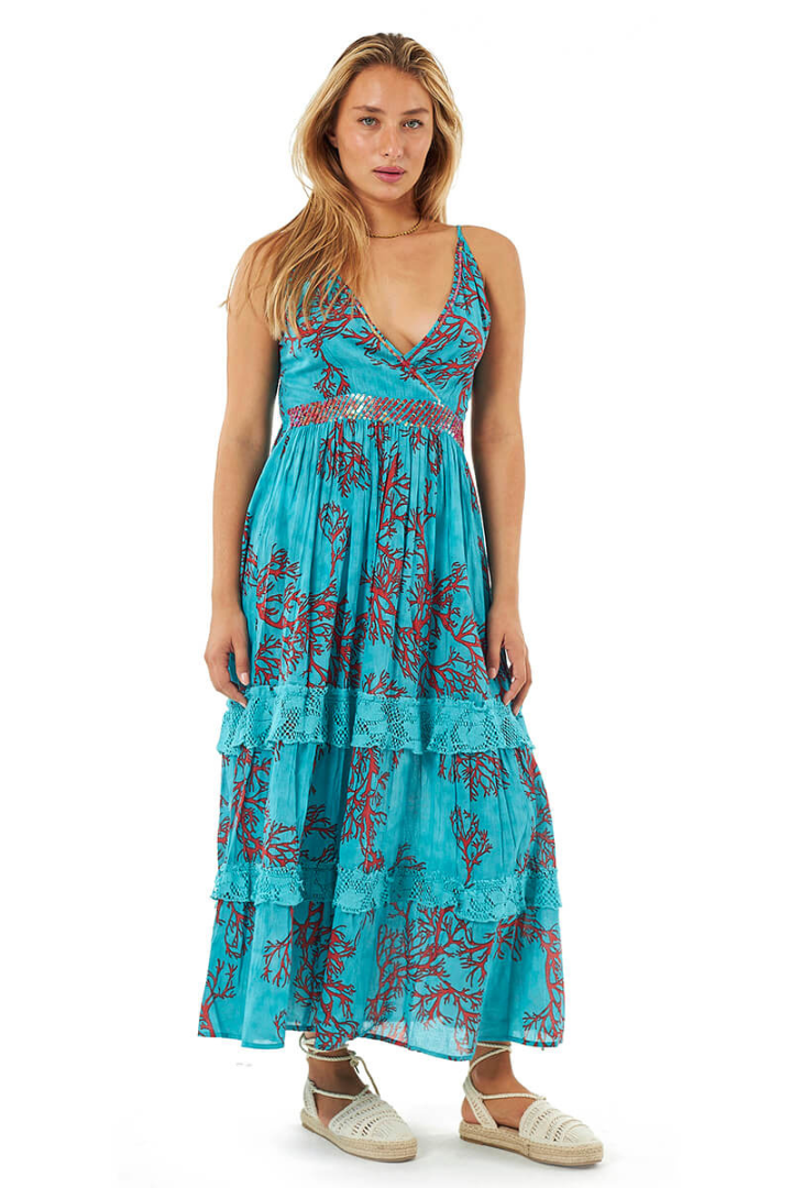 Turquoise Maxi Cotton Dress With A Coral Print