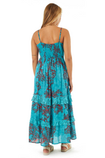 Turquoise Maxi Cotton Dress With A Coral Print