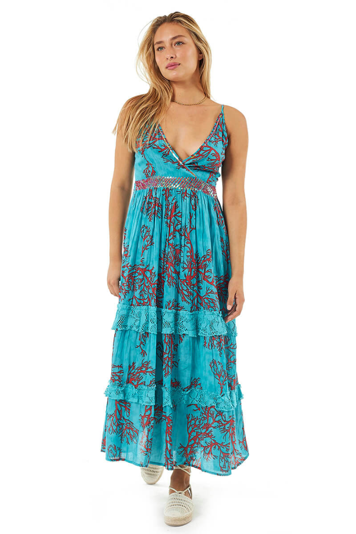 Turquoise Maxi Cotton Dress With A Coral Print