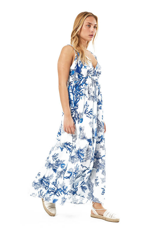 White Coral Print Maxi Cotton Dress