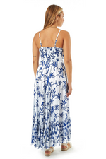 White Maxi Cotton Dress With Blue Print