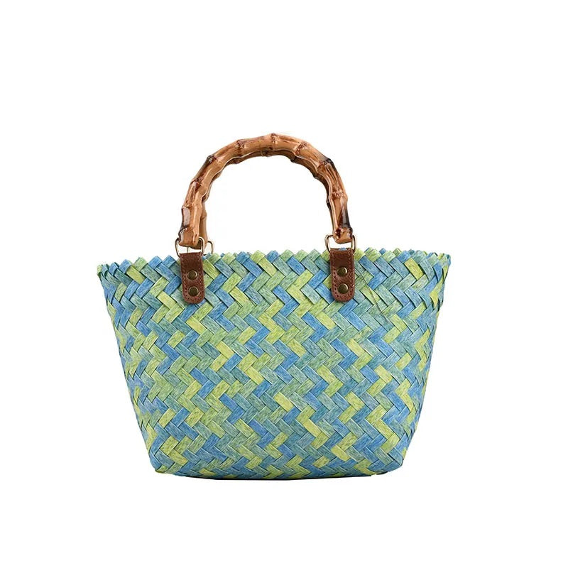 Green And Blue Straw Handbag