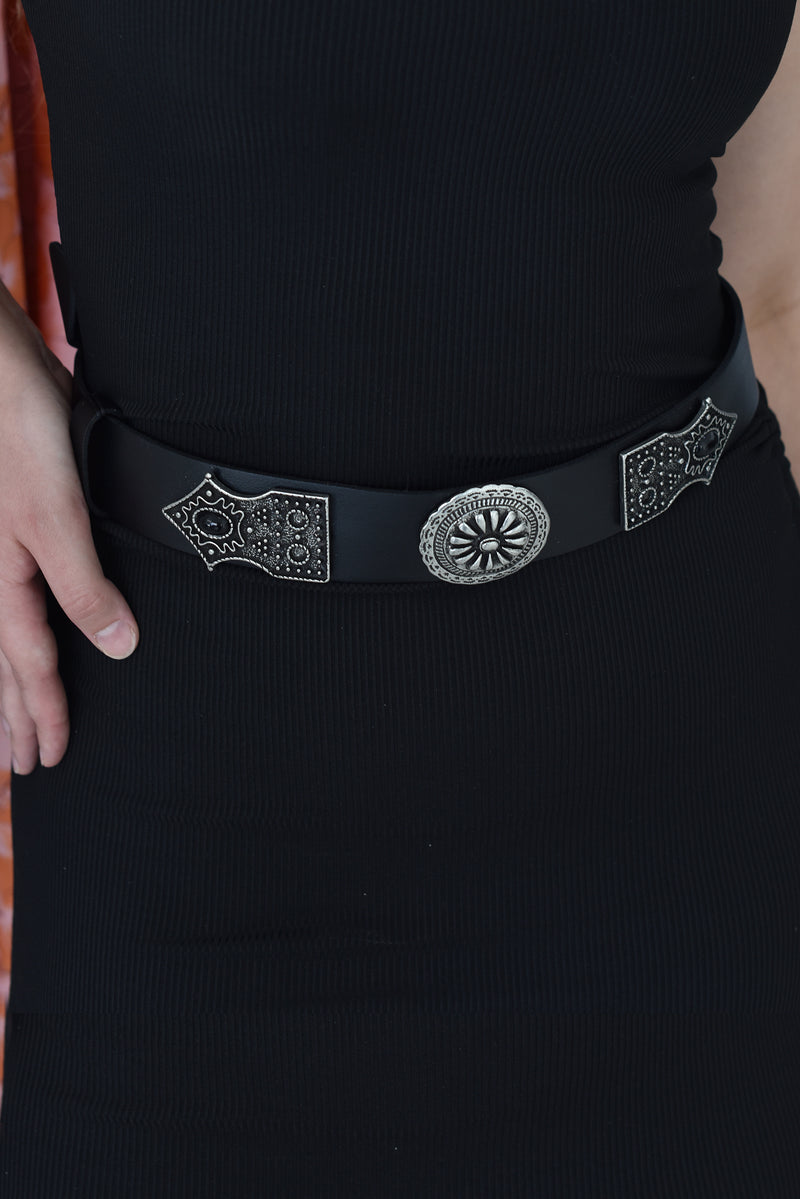 Black Handmade Leather Belt With Nickel Decorations - Simona