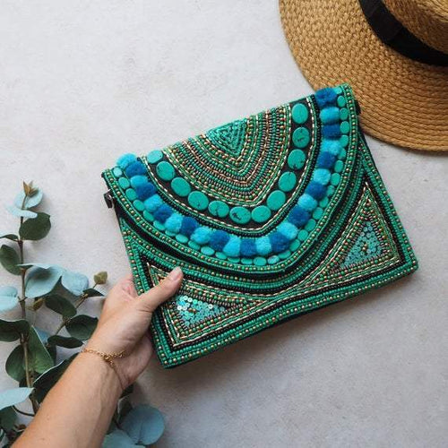 Handmade Embroidered Turquoise Clutch Bag