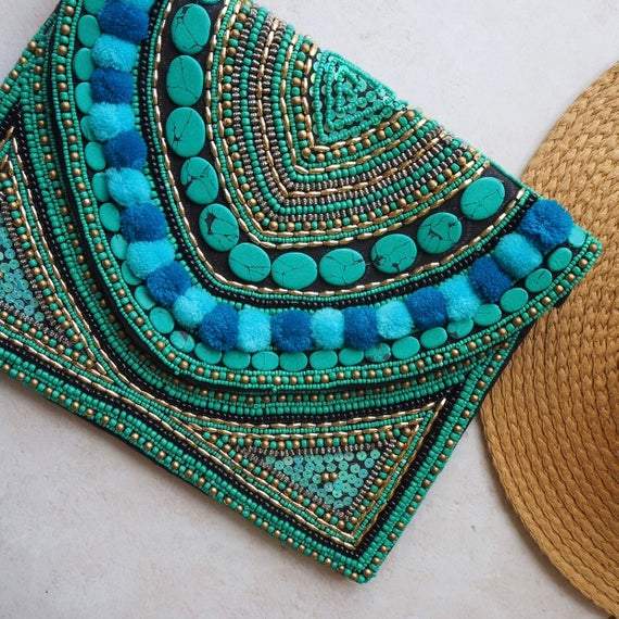 Handmade Embroidered Turquoise Clutch Bag