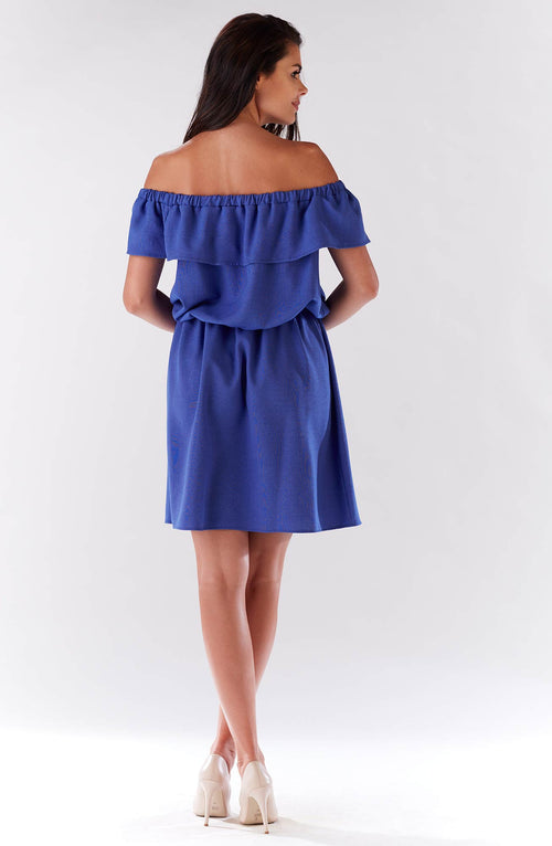 Mini Blue Off The Shoulder Linen Dress With Elastic Waist - So Chic Boutique