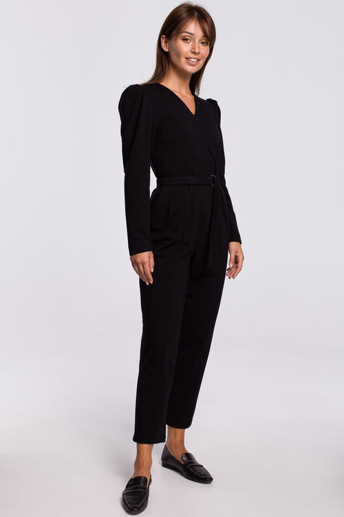 Black Cotton Jumpsuit With A Buckle Belt - So Chic Boutique