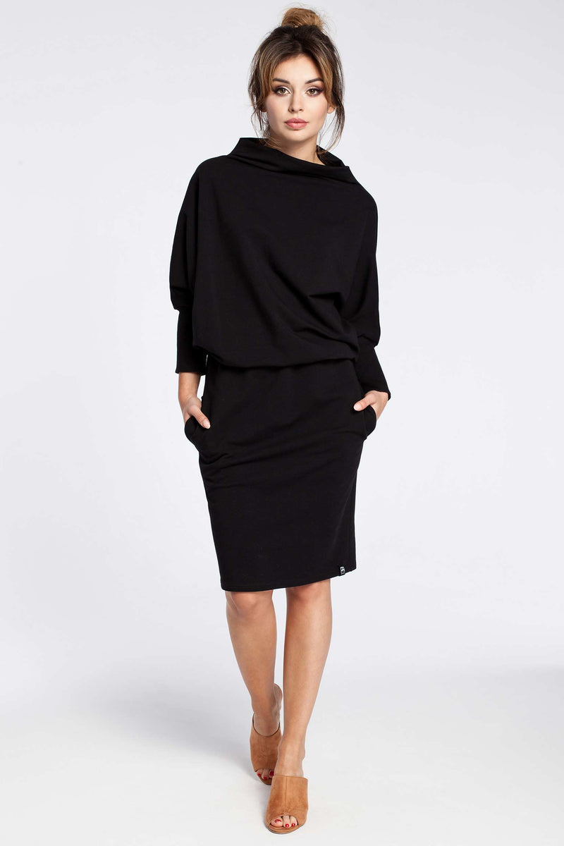 Black Kimono Sleeve Dress With Elasticized Waist - So Chic Boutique