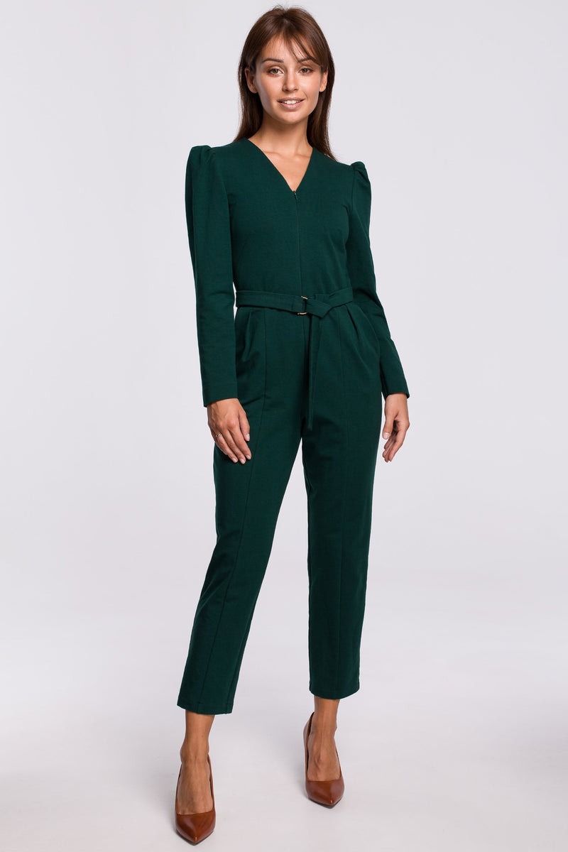 Green Cotton Jumpsuit With A Buckle Belt - So Chic Boutique