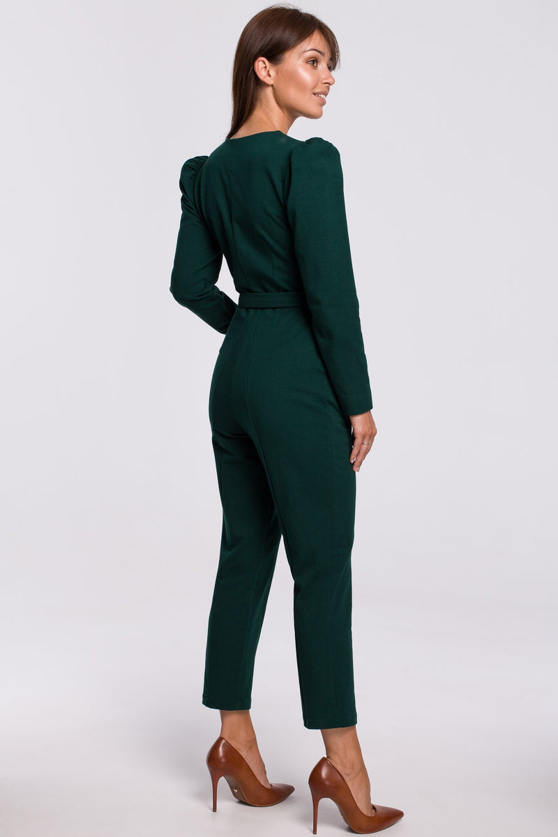 Green Cotton Jumpsuit With A Buckle Belt - So Chic Boutique