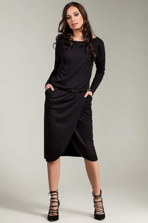 Black Viscose Dress With Elastic Waist - So Chic Boutique