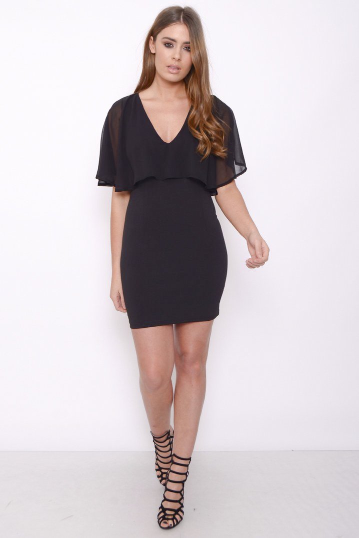 Cape Sleeve Mini Black Dress - So Chic Boutique
