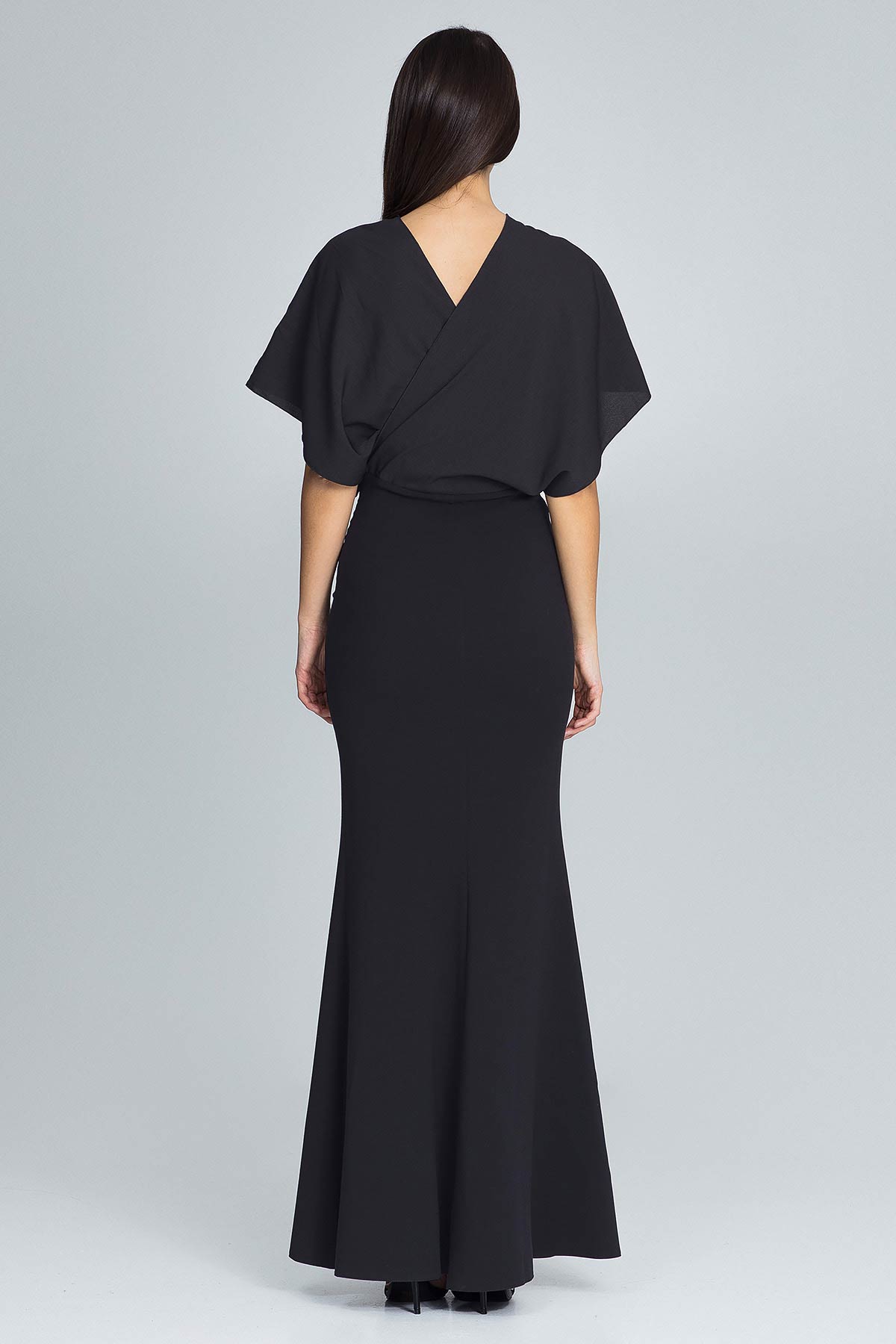 black chiffon cape dress Women's One Shoulder Chiffon Cape Crepe Maxi Dress, Black