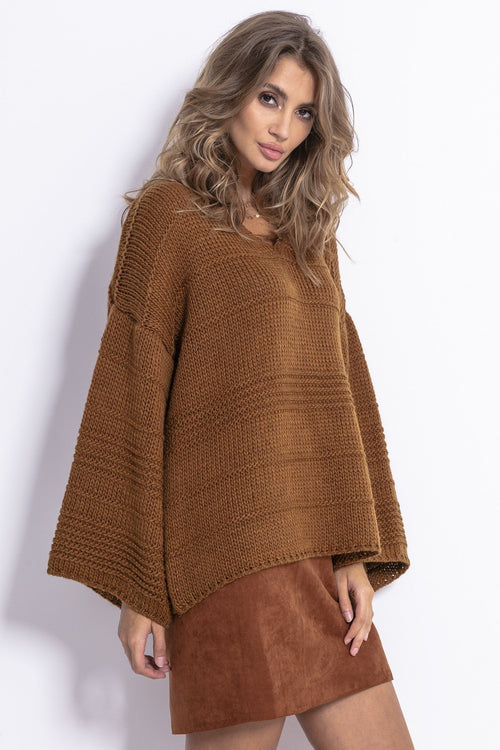 Camel Loose Sweater With Wide Sleeves - So Chic Boutique