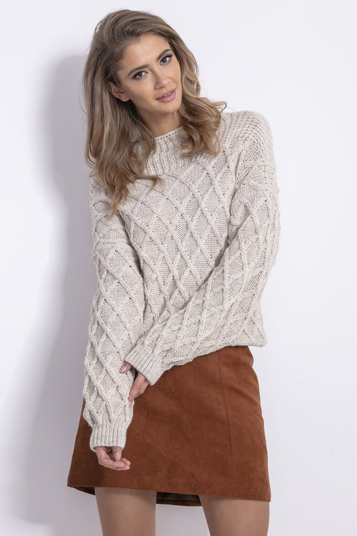 Diamond Stitch Beige Melange Sweater With High Neckline - So Chic Boutique