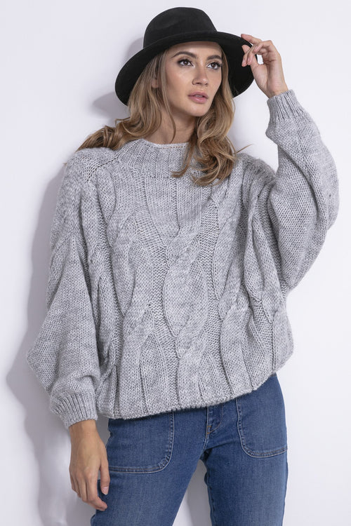 Wool And Alpaca Blend Grey Braid Sweater With High Neckline - So Chic Boutique