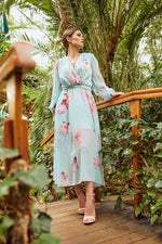 Light Blue Floral Midi Chiffon Dress With Long Sleeves - So Chic Boutique