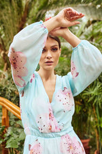 Light Blue Floral Midi Chiffon Dress With Long Sleeves - So Chic Boutique