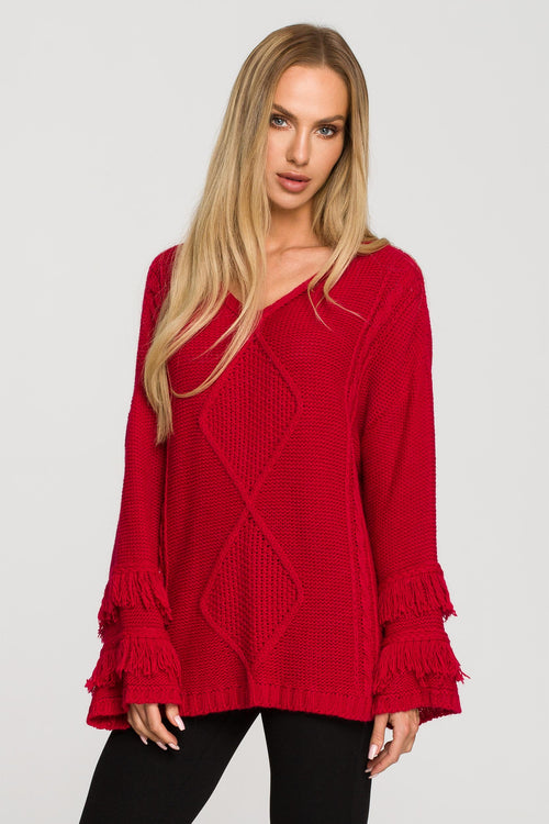 Raspberry Sweater With Fringed Sleeves - So Chic Boutique