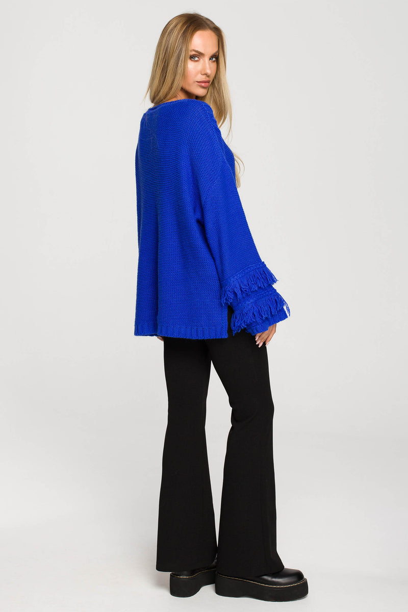 Sapphire Blue Sweater With Fringed Sleeves - So Chic Boutique