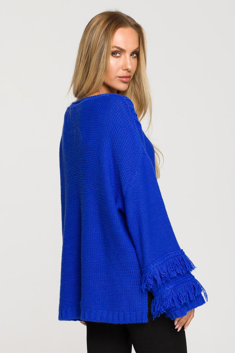 Sapphire Blue Sweater With Fringed Sleeves - So Chic Boutique