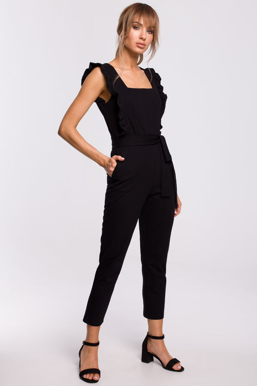 Black Cotton Belted Jumpsuit With Frills - So Chic Boutique